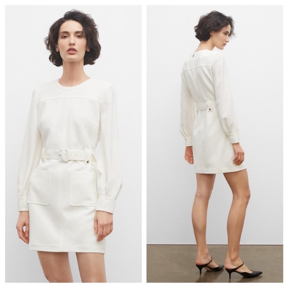 NWOT! SOLD OUT Club Monaco Long Sleeve Belted Pocket Mini Dress, White/Cream, 8 - Picture 1 of 9